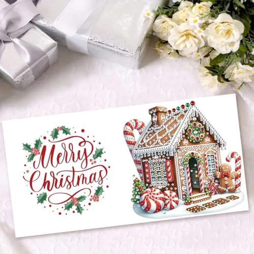 jinglinhh 6pcs Diamond Art Painting Christmas House Candy Cane Wreath Greeting Cards with Envelopes, DIY Card Making Kits for Adults, Diamond Art Postcards Christmas Cards Craft Gifts - Image 7