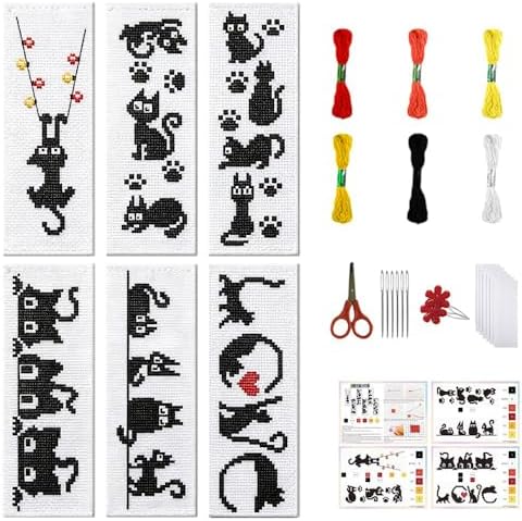 FREEBLOSS 6 Set Cross Stitch Bookmark Kits 11CT 8"x2.4" Black Cat Theme by FreeandCreativeCraftsArt