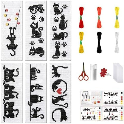 FREEBLOSS 6 Set Cross Stitch Bookmark Kits 11CT 8"x2.4" Black Cat Theme by FreeandCreativeCraftsArt