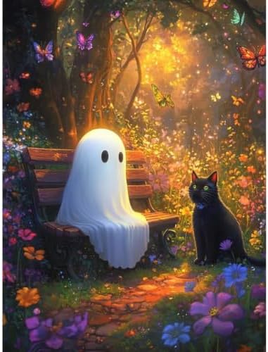 Clendo Halloween Paint by Numbers Kit for Adults - Ghost and Cat Adult Paint by Number Kits on Canvas for Beginner, Oil Painting by Numbers Kit for Gift Home Wall Decor Without Frame 16x20 Inch by Clendo