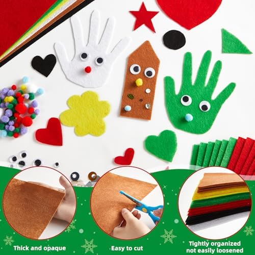 gisgfim 42Pcs Christmas Felt Fabric Sheets 8 x 12 Inch Red Green Black Assorted Soft Thick Felt Pack with Wiggle Google Eyes Pom Poms Glitter Patchwork Craft for DIY Sewing Creative Art Project Decor - Image 3