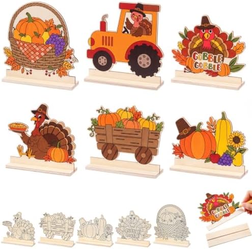 Yuntau 24 Pcs Color Your Own Thanksgiving Signs, DIY Wooden Crafts Kit by Yuntau