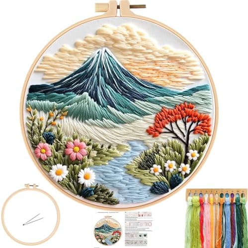 FONNUY Embroidery Kit for Beginners, Flower Hill Nature Landscape Pre-Stamped Pattern Kits for Adults with Hoop, Easy to Follow Color Thread Needlework, 8'' Hoop (Blue) by FONNUY