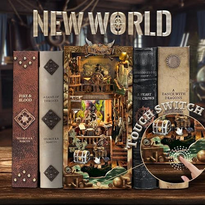 Magic Book Nook Kit 3D Wooden Puzzle for Adults Decorative Bookend Stand Book Nook Bookshelf Insert Bookcase Toy for Teenagers Gift Model Kits - New World (SQ-36) - Image 2