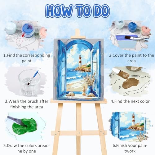 RICUVED Beach Paint by Numbers for Adults, Window View Paint by Numbers Kit for Adults Beginners, Seaside DIY Acrylic Lighthouse Oil Painting on Canvas Easy for Gift Home Wall Decor 16x20 Inch - Image 5