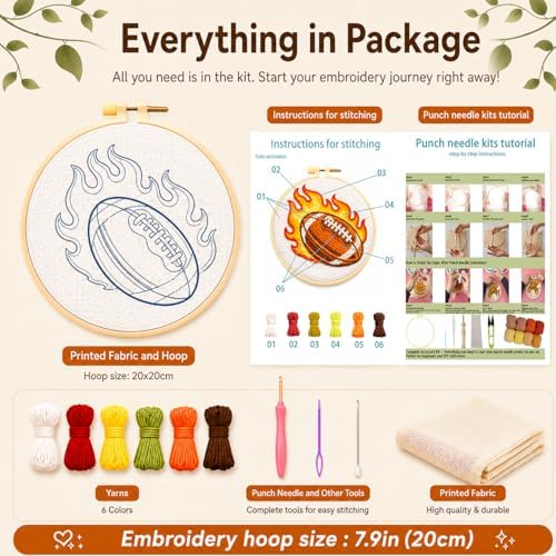 ZMYORAH American Football Punch Needle Kit for Beginners Adults, DIY Punch Needle Embroidery Starter Kit with Printed Fabric, Yarn, Needle & Hoop, Sports Handmade Craft for Home Decor & Gift 20x20cm - Image 2