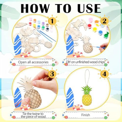 JellyArch 36 Pcs Summer Wood Cutouts Crafts for Kids, Hawaiian Blank Unfinished Wooden Shapes Slices, Tropical Beach DIY Crafts Paint Ornaments Hanging Embellishment for School Home Party Decors - Image 4