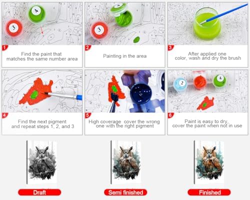 TUMOVO Framed Paint by Numbers for Adults Owl, Animal Paint by Numbers Kit for Adults Beginner, Acrylic Paint by Numbers Kits on Canvas, DIY Oil Hand Painting Drawing for Home Decor 16"x20" - Image 4
