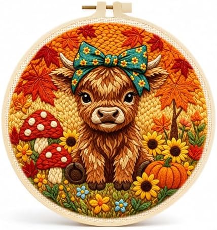 ZMHKJZDQ Punch Needle Kits for Beginners,DIY Punch Needle Embroidery with Fabric, Hoops, Yarns and Sewing Needles for Adults Children Festival Gift and Home Decor, 20x20cm (Maple Leaf Highland Cow) by ZMHKJZDQ