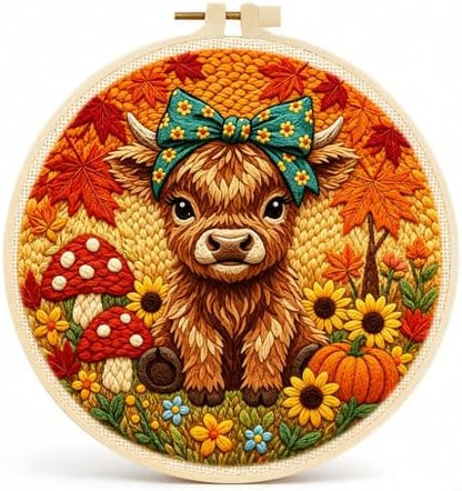ZMHKJZDQ Punch Needle Kits for Beginners,DIY Punch Needle Embroidery with Fabric, Hoops, Yarns and Sewing Needles for Adults Children Festival Gift and Home Decor, 20x20cm (Maple Leaf Highland Cow) by ZMHKJZDQ