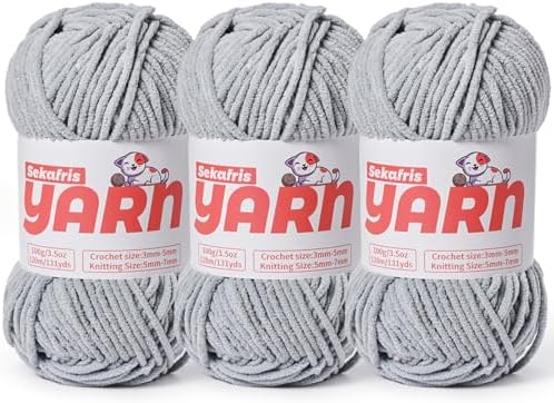 3 Pack Plush Chunky Chenille Yarn for Crocheting Amigurumi, Soft Fluffy Velvet Yarn for Crocheting, Fuzzy Baby Blanket Knitting, 300g/393yds Bulky（3 Grayish） by Sekafris