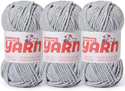 3 Pack Plush Chunky Chenille Yarn for Crocheting Amigurumi, Soft Fluffy Velvet Yarn for Crocheting, Fuzzy Baby Blanket Knitting, 300g/393yds Bulky（3 Grayish） by Sekafris