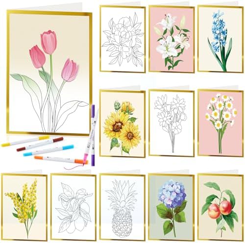 Motiskyy 24 Pack Watercolor Painted Flowers Greeting Cards to Paint Set for Teachers Students Thank You Notes DIY Card Customizable Teens with Envelopes 24 Marker Pens Gold Foil Blank Gift Cards by Motiskyy