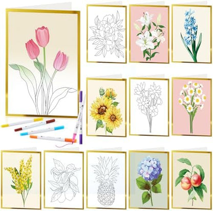 Motiskyy 24 Pack Watercolor Painted Flowers Greeting Cards to Paint Set for Teachers Students Thank You Notes DIY Card Customizable Teens with Envelopes 24 Marker Pens Gold Foil Blank Gift Cards by Motiskyy