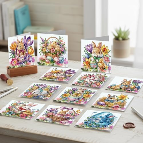 jinglinhh 12pcs Easter Egg Bunny Chick Daffodils Flower Diamond Art Painting Greeting Cards with Envelopes, DIY Card Making Kits for Adults, Diamond Art Birthday Holiday Cards Craft Gifts - Image 7