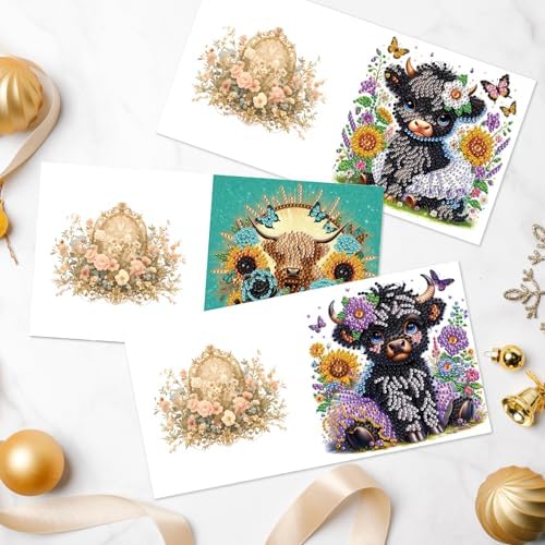 Tontut 6pcs Diamond Art Painting Kit Greeting Card, Sunflower Yellow Cow 5D DIY Diamond Handmade Holiday Greeting Card with Envelope, Holiday Gift Congratulation - Image 6