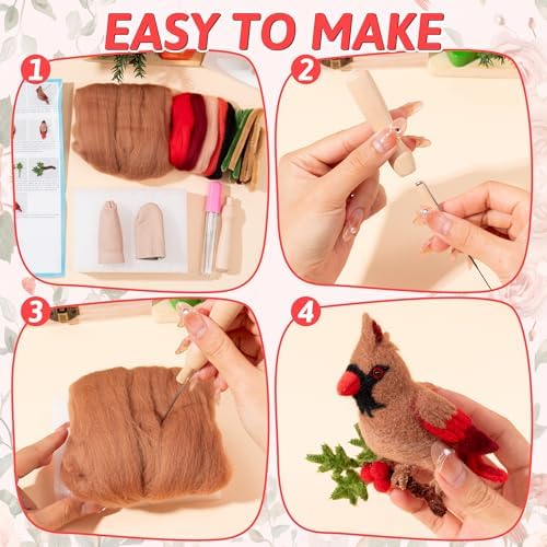 WATINC Needle Felting Kit - 3 Set Unique Different Cute Doll Wool Felt Needle Tools Foam Pad Instruction, DIY Home Decoration Craft Party Supplies for Art Work Starter Beginners (Cardinal) - Image 3