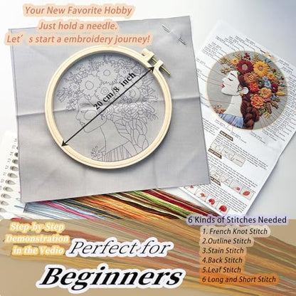 FONNUY Floral Women Embroidery Kit for Beginners, Colorful Long Hair Girl Pre-Stamped Pattern Kits for Adults with Hoop, Thread Needlework, 8'' Hoop (Brown) - Image 5