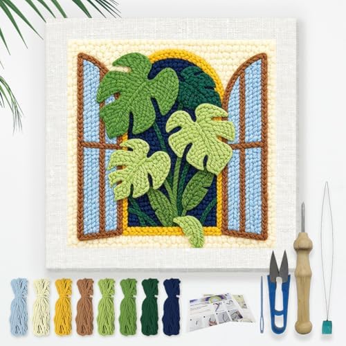 Doodlream Monstera Window Needle Kit for Beginner, 9.4"x 9.4" Tropical Plant Punch Stitching Craft Set, DIY Embroidery Starter with Printed Frame, Instruction, Threader, Yarn, Pinch Needle by Doodlream