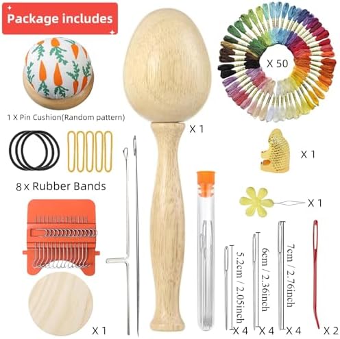 YFXJC Mini Darning Loom, Darning Egg Weaving Tool Set with Small Weaving Loom Kit with 14 Pcs Large Eye Needles 50 Colors Darning Thread for DIY Handicraft Home Sewing Care (Orange-Egg) - Image 3