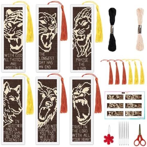INFUNLY 6 Pack Fierce Animal Cross Stitch Bookmark Kit, Lion Tiger Pre-Printed Pattern, Stamped Embroidery Bookmarks for Adults Beginners, DIY Gift for Book Readers by INFUNLY