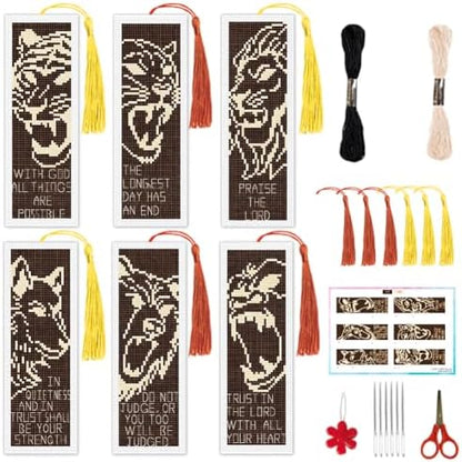 INFUNLY 6 Pack Fierce Animal Cross Stitch Bookmark Kit, Lion Tiger Pre-Printed Pattern, Stamped Embroidery Bookmarks for Adults Beginners, DIY Gift for Book Readers by INFUNLY
