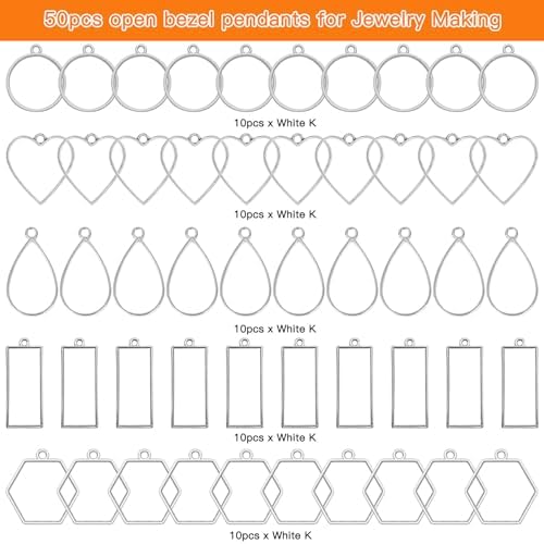 Oubaka 50pcs Open Bezels 5 Styles Open Frame Pendant Open Back Bezel Pendants Geometric Hollow Frame Pendant for Resin Casting, Necklace, Earrings, Pressed Flower, DIY Crafts(White K) - Image 2