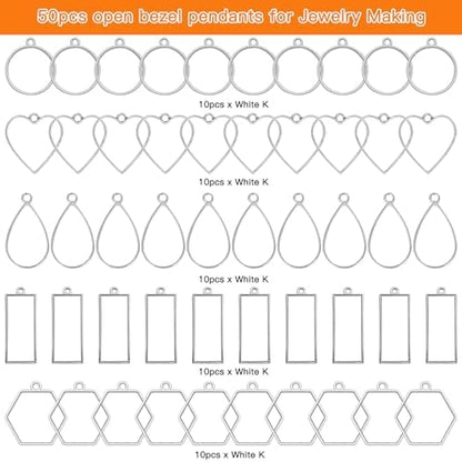 Oubaka 50pcs Open Bezels 5 Styles Open Frame Pendant Open Back Bezel Pendants Geometric Hollow Frame Pendant for Resin Casting, Necklace, Earrings, Pressed Flower, DIY Crafts(White K) - Image 2