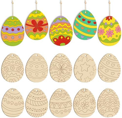 Large Size 7" Wooden Easter Ornaments to Paint, Egg Wooden DIY Blank Unfinished Round Wood Discs Ornament for Crafts Hanging Decorations(10 Different Patterns) by Sophena
