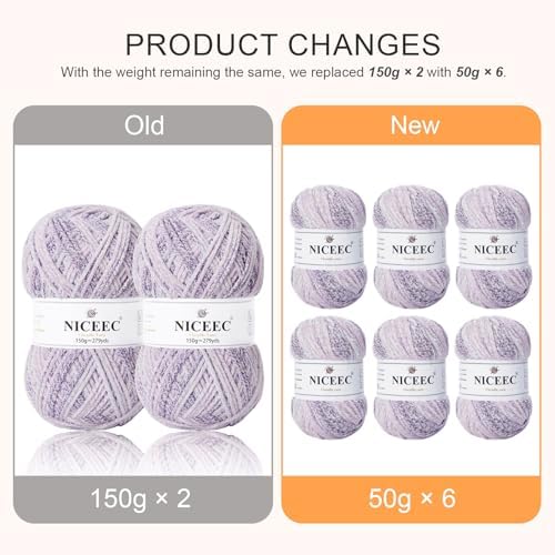 NICEEC 6 Skeins Soft Chenille Yarn 6x85m(6x93yds,6x50g)_Foggy Purple - Image 2