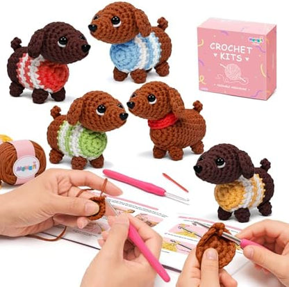 Mewaii Crochet Kit for Beginners, 5 Pack Dachshund Dog Craft Set by Mewaii