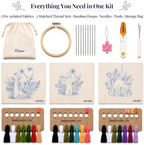 Thinas Embroidery Kit for Beginners Adults, 3 Pack Stamped Cat Cross Stitch Starter Set with Patterns & Video Tutorial, DIY Sewing Craft Supplies for Cat Lovers, Home Decor Gift Idea - Image 3