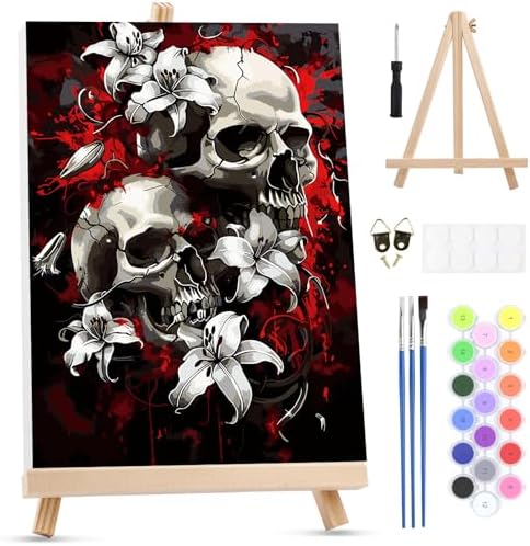 MXJSUA Skulls and Lilies Framed Paint by Numbers Kit for Adults Beginner with Wooden Easel, Adults' Paint-by-Numbers on Canvas, Easy DIY Acrylic Number Painting for Home Decor Gifts, 8x12 inch by MXJSUA-DiamondPaintingkits