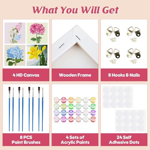 Genius maker Paint by Number for Adults Beginners, 4 Pack DIY Adult Paint by Number Kits on Canvas Framed, Flowers Color by Numbers Acrylic Oil Painting Number Kits Crafts for Home Wall Decor 8x8inch - Image 3