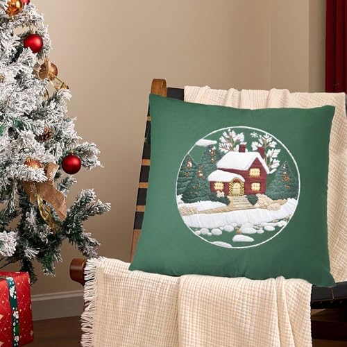 FONNUY Christmas Embroidery Kit for Beginners, Throw Pillow Case Cross Stitch Set Winter Snow House Holly Tree Pattern for Adults, Hand Works Crafts Throw Pillow Cover, 18 x 18'' (Green) - Image 2