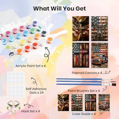 HEIBAGO 4 Pack Independence Day Framed Paint by Numbers Kit for Adults Beginner, DIY 4th of July Patriotic Adult Paint by Number Kits, Small Easy Acrylic Oil Painting for Wall Decor 8 x 12 Inch - Image 3