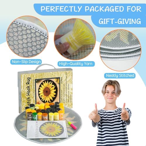 MIAOLLUN Latch Hook Rug Kit, Sunflower Pattern Printed Canvas DIY Rug Crochet Yarn Kits, Embroidery Decoration 20.4" X 20.4" (52 * 52cm) - Image 3