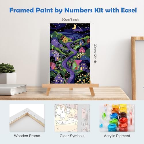MOGTAA Starry Night Paint by Numbers Kit for Adults Beginners with Frame, House and Flowers Adult Paint by Number Kits on Canvas with Easel, Easy DIY Oil Painting Kits for Home Decor, 8x12in - Image 2