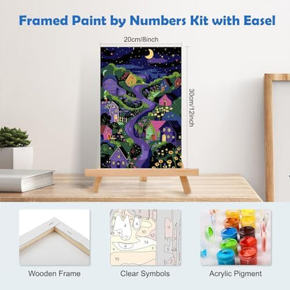 MOGTAA Starry Night Paint by Numbers Kit for Adults Beginners with Frame, House and Flowers Adult Paint by Number Kits on Canvas with Easel, Easy DIY Oil Painting Kits for Home Decor, 8x12in - Image 2