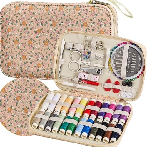 Sewing Project Kits Floral Pattern Sewing Kit with 130PCS Sewing Supplies Accessories,Printing Sewing Set with Zipper Sewing Supplies Case,for Travel Emergency, Home by Bobode