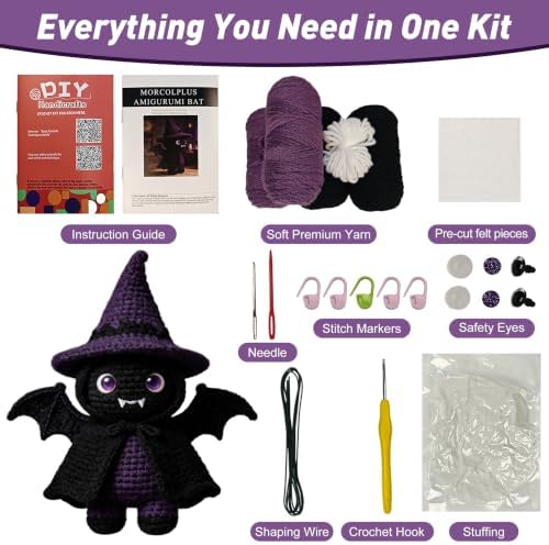 Morcolplus Bat Crochet Kit for Adults, Intermediate Gothic Amigurumi Crochet Kit with Step-by-Step Video Tutorials and All Materials Included, Gothic Room Decor Gift - Image 6