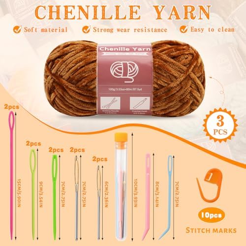 LUNARM Chenille Yarn 3 Pack 3.5oz Chunky Blanket Velvet Yarn 263 Yard - Image 2
