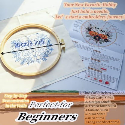FONNUY Halloween Embroidery Kits for Beginners,Skull Pumpkin Spider Web Floral Stamped Cross Stitch Kit for Adults, Spooky Season Boho Wall Decor, 8'' Hoop (Skull) - Image 5