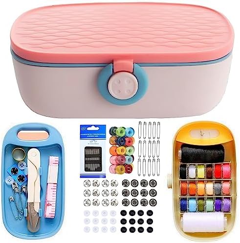 WANSHUNLMI Pink Sewing Kit, 140Pcs Family Travel Sewing Project Kit Portable Small Traveler Sewing Supplies Repair Kit Thread Accessories DIY Sewing Supplies Organizer Box (Pink Sewing Kit) by WANSHUNLMI