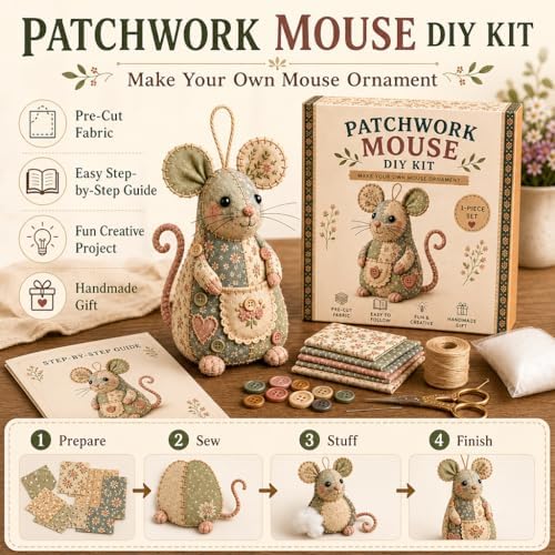 Patchwork Mouse DIY Kit, Handmade Sewing Craft Set,Cute Mouse Ornament DIY Kit,with Floral Fabric, Stuffing, Buttons, for Adults, Beginners,Gift for Birthdays, Holidays (C) - Image 2