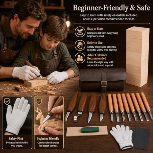 26Pcs Deluxe Wood Carving Kit, Whittling Knife Set with Leather Storage Case, Basswood Blocks & Safety Gloves, Woodworking Tools for Beginners Adults Kids, DIY Craft Gift for Men Teens - Image 4