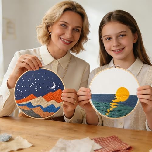 Armindou Hand Embroidery DIY Kits for Beginners Adults, Sea Sunrise Embroidery Set Needlepoint Kits, Stamped Cross Stitch Kits for Beginners Adults, 2 Embroidery Hoops, Fabric(Attached Video Tutorial) - Image 6