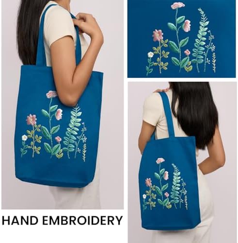 CREAWONDER Canvas Tote Bag Embroidery Kit with Pattern for Beginners, Arts and DIY Embroidery Crafts Kits for Adults, Include Instructions, Embroidery Hoops, Color Threads and Tool - Image 2
