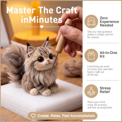 DIY Needle Felting Kit Cute Maine Coon Longhair Cat – Needle Felting Starter Kit with Fiber Roving, Needles, Felting Pad & Instructions | Felted Cat Kit for Beginners Adults | DIY Craft Gift - Image 3
