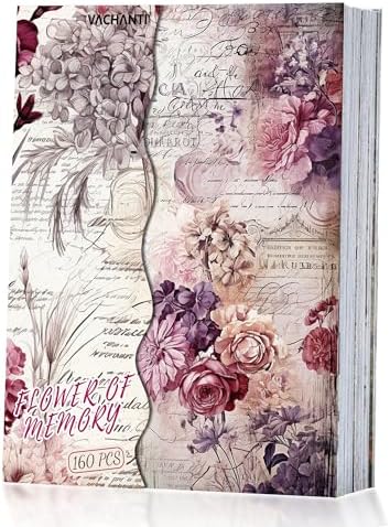160 Sheets Vintage Flower Scrapbook Paper, Junk Journal Supplies, Purple Pink Flowers with Cursive Script No Repeating Perfect for Junk Journal DIY Cards Craft Albums Scrapbooking Supplies (Purple) by NEDIE
